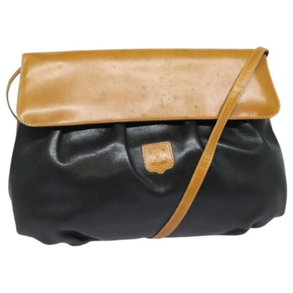 CELINE Shoulder Bag Leather Black Beige Auth - Picture 1 of 15